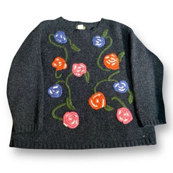 Vintage Esprit Gray Wool Dark Floral Embroidered Crewneck Ribbed Knit Sweater - Picture 4 of 10